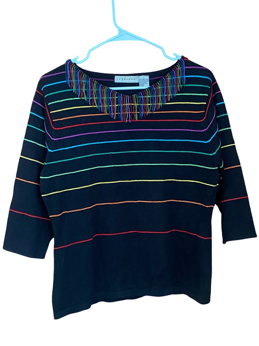 Vintage rainbow striped black linen cotton beaded tassel sweater size large